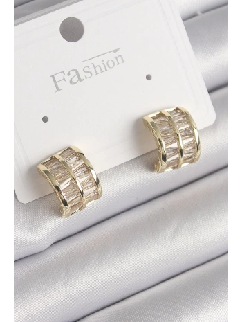 Pirinç Gold Renk Çift Sıra Zirkon Taşlı Kadın Küpe