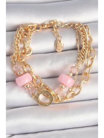 Pirinç Gold Renk Çoklu Pembe Taşlı Kadın Bileklik