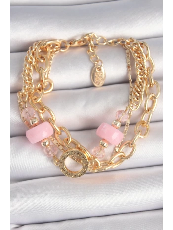 Pirinç Gold Renk Çoklu Pembe Taşlı Kadın Bileklik - TJ-BB6961