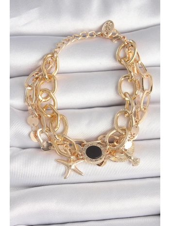 Pirinç Gold Renk Çoklu Zincir Model Deniz Yıldız Figür Kadın Bileklik - TJ-BB6963