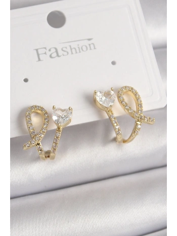 Pirinç Gold Renk Düğüm Model Zirkon Taşlı Kalp Detay Kadın Küpe