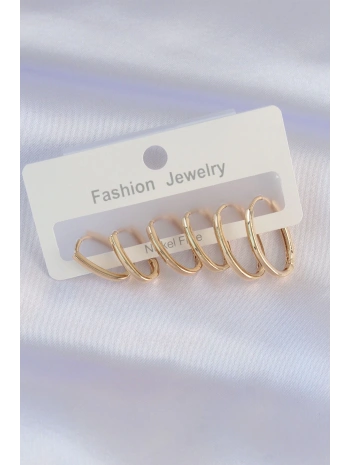 Pirinç Gold Renk İnce Oval Küpe Seti