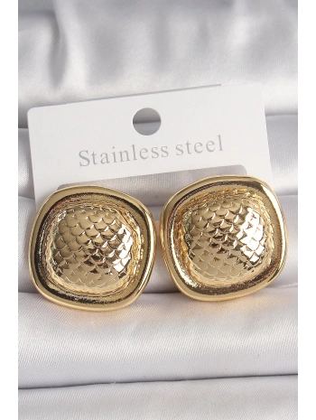 Pirinç Gold Renk İşlemeli Kare Model Kadın Küpe