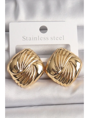 Pirinç Gold Renk İşlemeli Kare Model Kadın Küpe