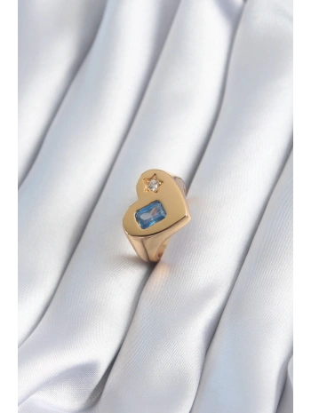 Pirinç Gold Renk Kalp Model Zirkon Taş Yıldız Detay Kadın Yüzük