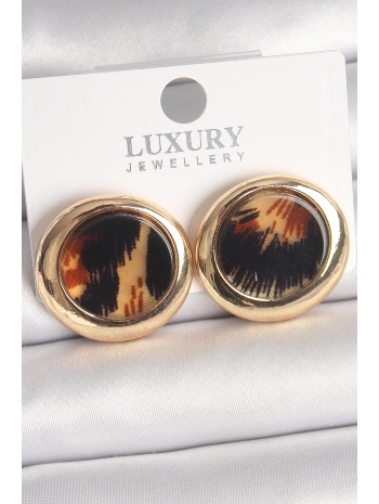 Pirinç Gold Renk Leopar Desen Daire Model Kadın Küpe