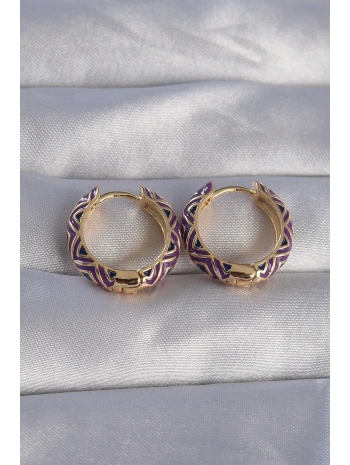 Pirinç Gold Renk Mor Etnik Desenli Halka Küpe