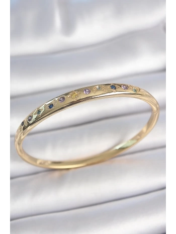Pirinç Gold Renk Renkli Zirkon Taşlı Hilal Yıldız İşlemeli Kadın Kelepçe - TJ-BB6943