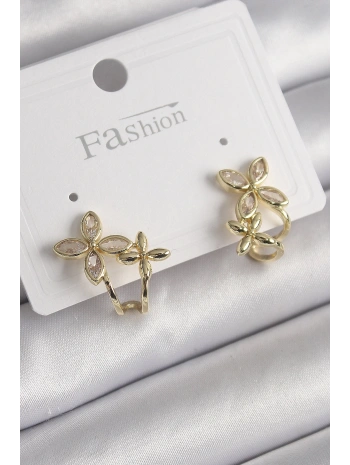 Pirinç Gold Renk Zirkon Taşlı 2Li Çiçek Model Kadın Küpe