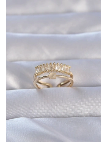 Pirinç Gold Renk Zirkon Taşlı Baget Su Yolu Model Ayarlanabilir Yüzük