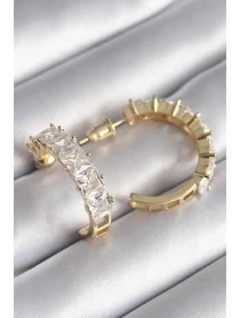 Pirinç Gold Renk Zirkon Taşlı Halka Model Kadın Küpe