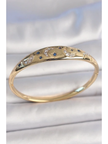 Pirinç Gold Renk Zirkon Taşlı Hilal İşleme Mavi Taşlı Yıldız Detay Kadın Kelepçe