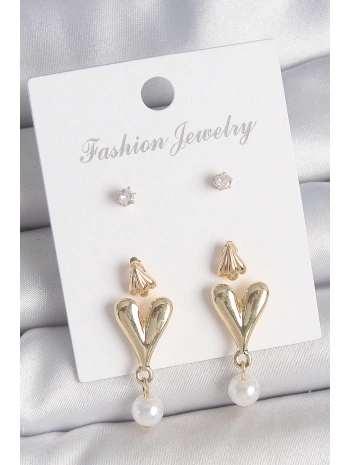 Pirinç Gold Renk Zirkon Taşlı İncili Sallantılı Kalp Model 3 Çift Kadın Küpe Seti