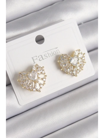 Pirinç Gold Renk Zirkon Taşlı Kalp Model Kadın Küpe