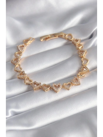 Pirinç Gold Renk Zirkon Taşlı Kalp Model VIP Seri Kadın Bileklik