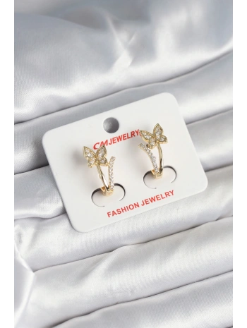 Pirinç Gold Renk Zirkon Taşlı Kelebek Model Kadın Küpe