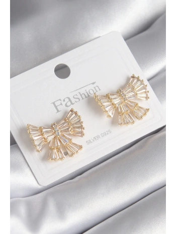 Pirinç Gold Renk Zirkon Taşlı Kurdele Model Kadın Küpe