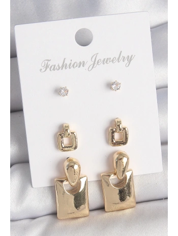 Pirinç Gold Renk Zirkon Taşlı Sallantılı Kare Model 3 Çift Kadın Küpe Seti