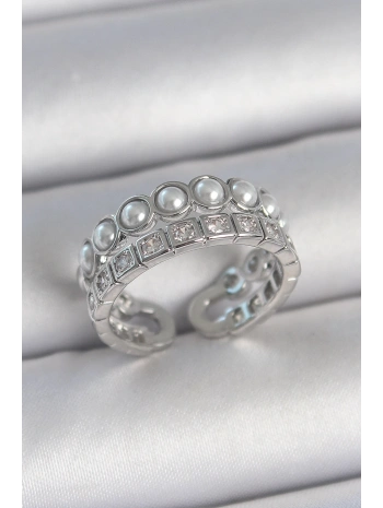 Pirinç Gümüş Renk 2Li Sıra Zirkon Taşlı Ve İncili Ayarlanabilir Kadın Yüzük