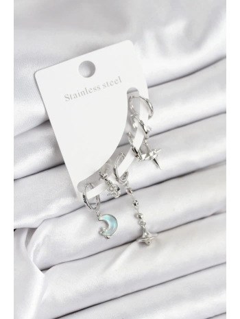 Pirinç Gümüş Renk Ay Model Kadın Set Küpe