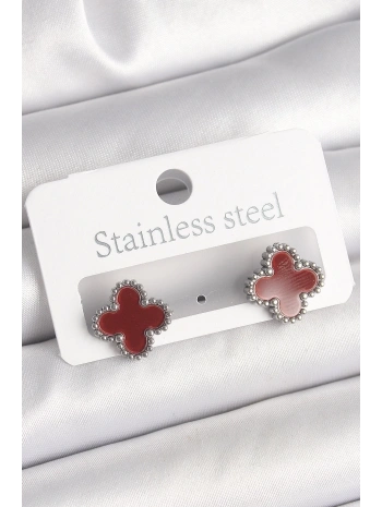 Pirinç Gümüş Renk Bordo Yonca Model Kadın Küpe