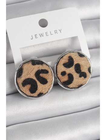 Pirinç Gümüş Renk Daire Plaka Model Leopar Desenli Kadın Küpe