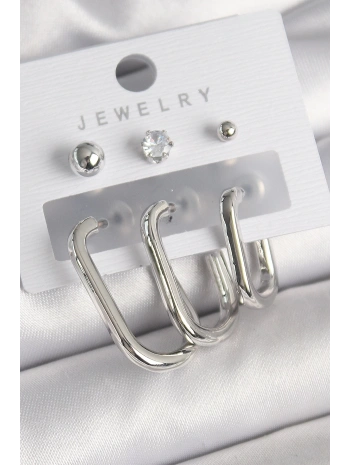 Pirinç Gümüş Renk Halka Model Zirkon Taşlı Topçuk Detay Kadın Küpe Seti