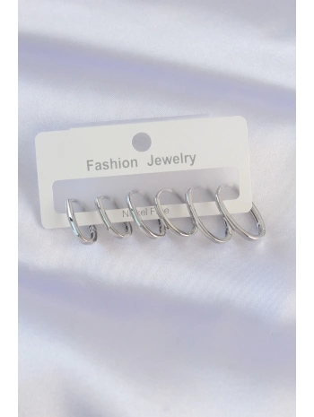 Pirinç Gümüş Renk İnce Oval Küpe Seti