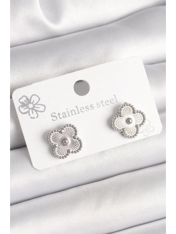 Pirinç Gümüş Renk İşlemeli Yonca Model Kadın Küpe