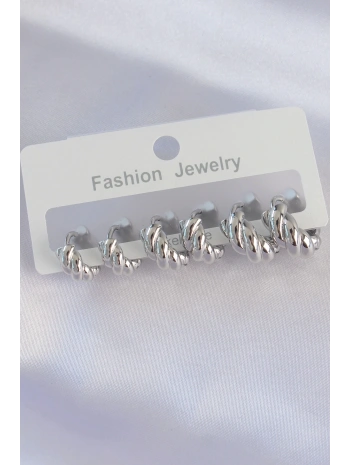 Pirinç Gümüş Renk Minimal Tırtıklı Küpe Seti