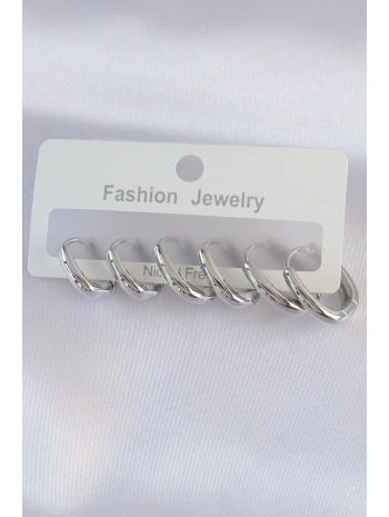 Pirinç Gümüş Renk Oval Küpe Seti