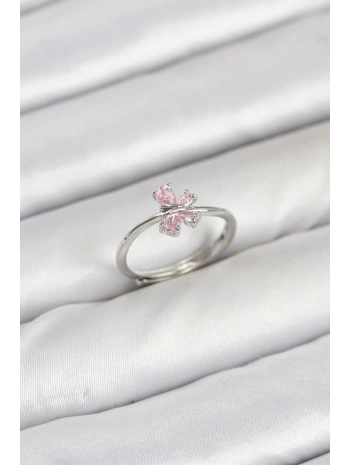 Pirinç Gümüş Renk Pembe Kelebek Kadın Yüzük