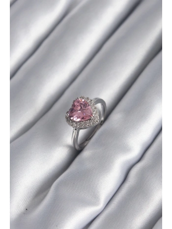 Pirinç Gümüş Renk Pembe Zirkon Taş Kalp Charm Model Kadın Yüzük