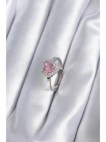 Pirinç Gümüş Renk Pembe Zirkon Taşlı Charm Model Kadın Yüzük