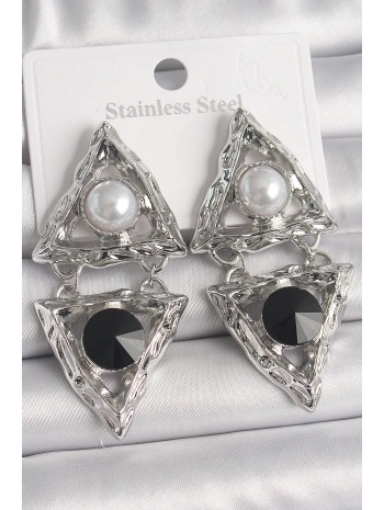 Pirinç Gümüş Renk Sallantı Üçgen Model İnci Detay Kadın Küpe