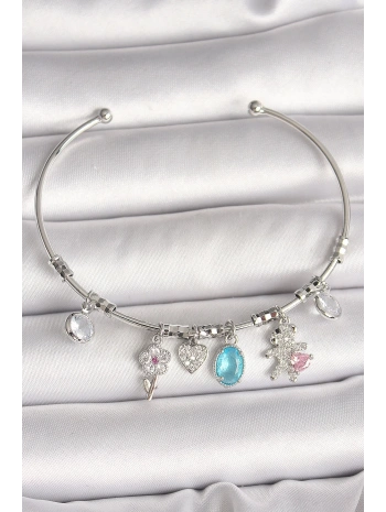 Pirinç Gümüş Renk Sallantı Zirkon Taşlı Ayıcık Figür Çiçek Detay Charm Kadın Bileklik