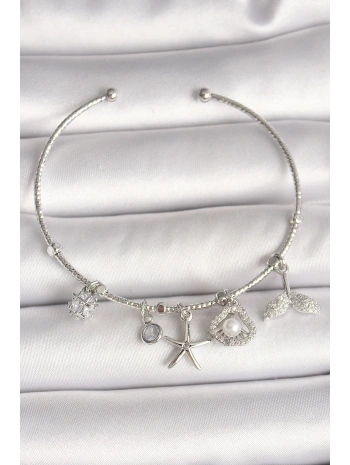 Pirinç Gümüş Renk Sallantı Zirkon Taşlı Deniz Yıldız Figür Balık Kuyruğu Detay Charm Kadın Bileklik
