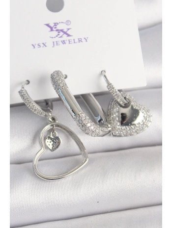 Pirinç Gümüş Renk Sallantı Zirkon Taşlı Kalp Model 3Lü Kadın Kombin Küpe