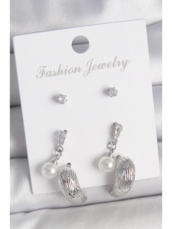 Pirinç Gümüş Renk Sallantılı Zirkon Taşlı Damla Model 3 Çift Kadın Küpe Seti