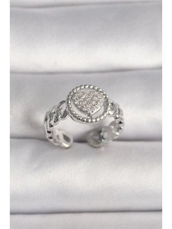 Pirinç Gümüş Renk Zincir Model Zirkon Taşlı Kalp Model Kadın Yüzük