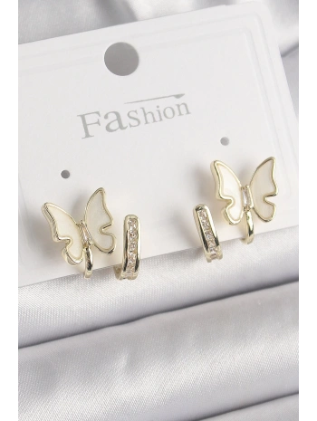 Pirinç Gümüş Renk Zirkon Taş Detaylı Beyaz Sedefli Kelebek Model Kadın Küpe