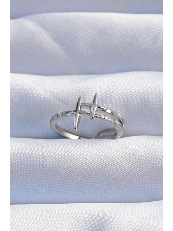 Pirinç Gümüş Renk Zirkon Taşlı 2li Görünüm Ayarlanabilir Yıldız Model Yüzük