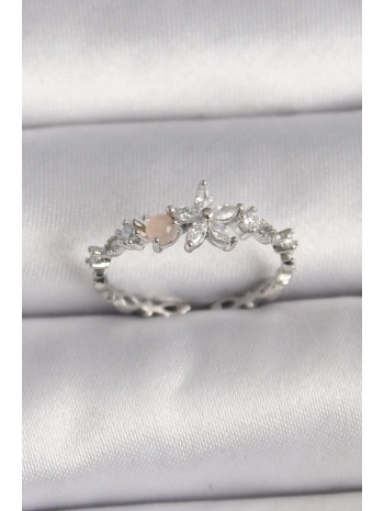 Pirinç Gümüş Renk Zirkon Taşlı Çiçek Model Ayarlanabilir Yüzük