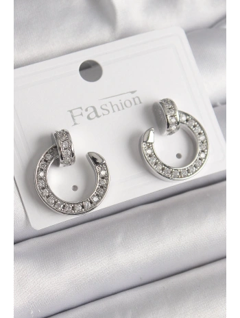 Pirinç Gümüş Renk Zirkon Taşlı Çivi Halka Model Kadın Küpe