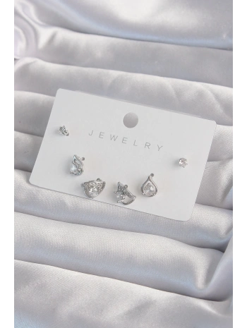 Pirinç Gümüş Renk Zirkon Taşlı Damla Model Küpe Seti