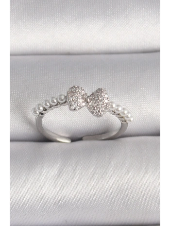 Pirinç Gümüş Renk Zirkon Taşlı Fiyonk İnci Detay Ayarlanabilir Yüzük