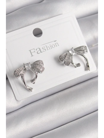 Pirinç Gümüş Renk Zirkon Taşlı Fiyonk Model Kadın Küpe