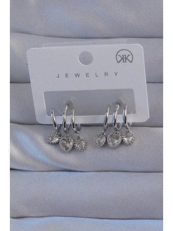 Pirinç Gümüş Renk Zirkon Taşlı Kalp Model Çoklu Görünüm Yarım Halka Küpe