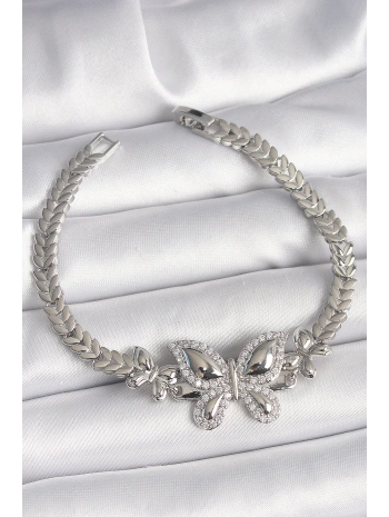 Pirinç Gümüş Renk Zirkon Taşlı Kelebek Model Kadın Bileklik