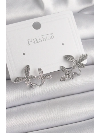 Pirinç Gümüş Renk Zirkon Taşlı Kelebek Model Kadın Küpe